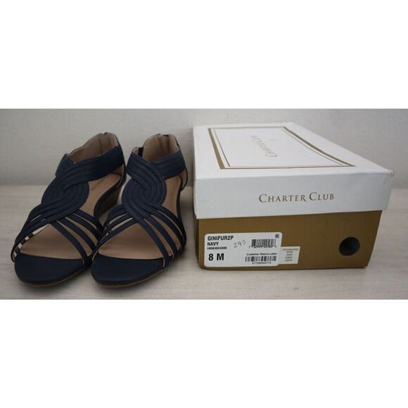 Charter Club Women's Sz 8 M Navy Ginifur 2 Faux Leather Strappy Wedge Sandals - Picture 1 of 11